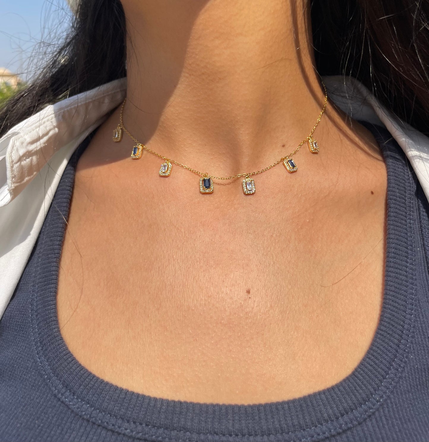 Royal Blue Baguette Gold Necklace