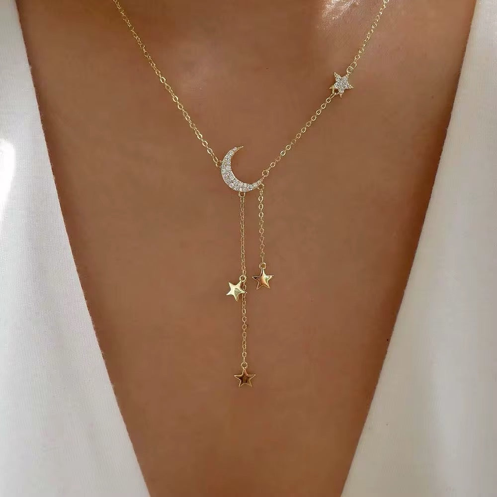 Crescent Stars Gold Necklace