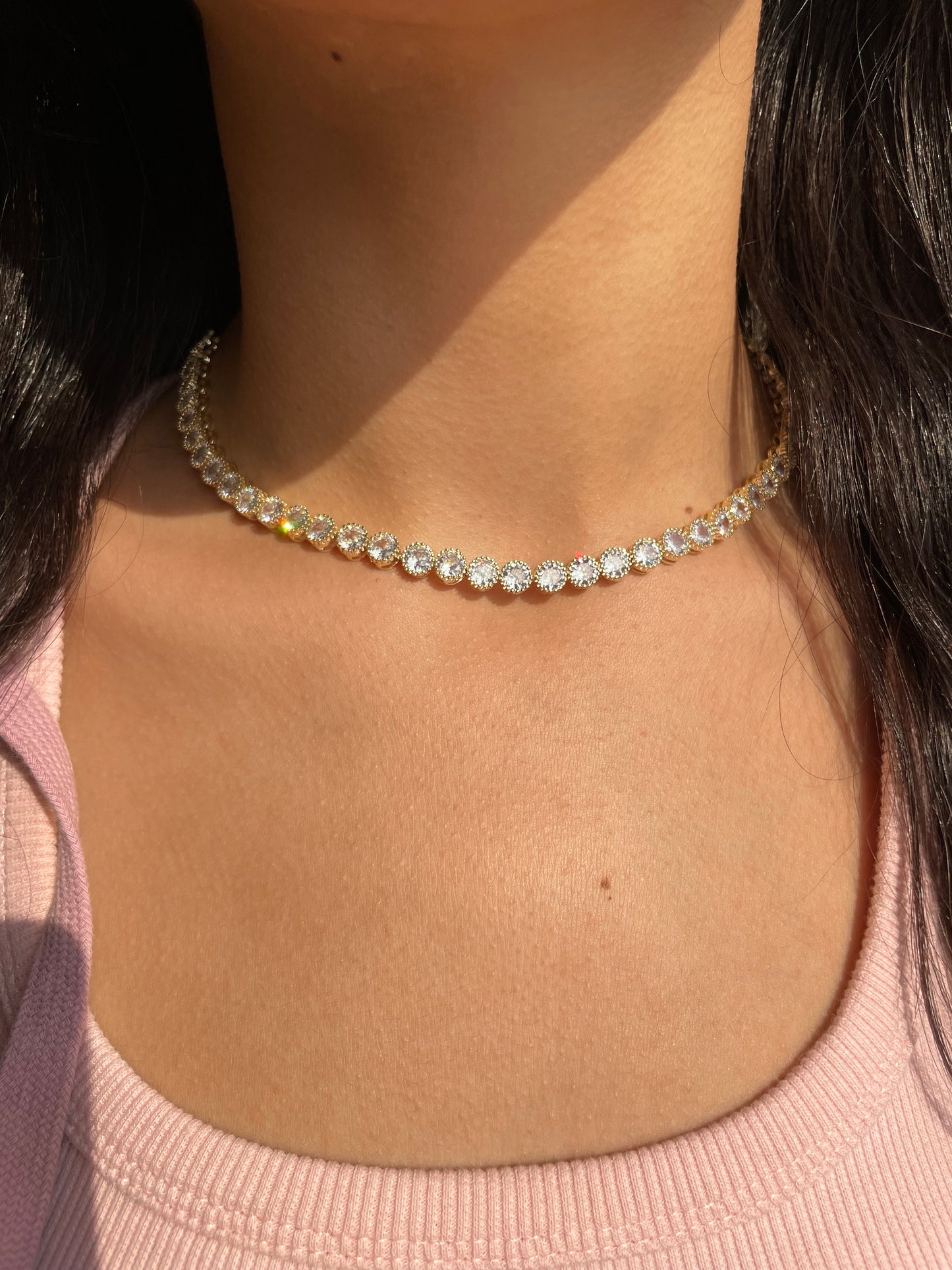 Round Diamonds Gold Tennis Necklace