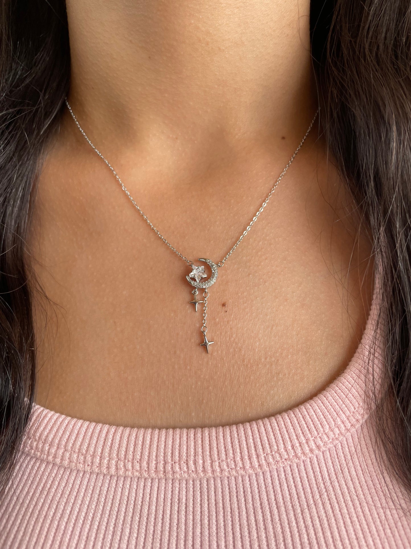 Crescent and Stars Silver Necklace