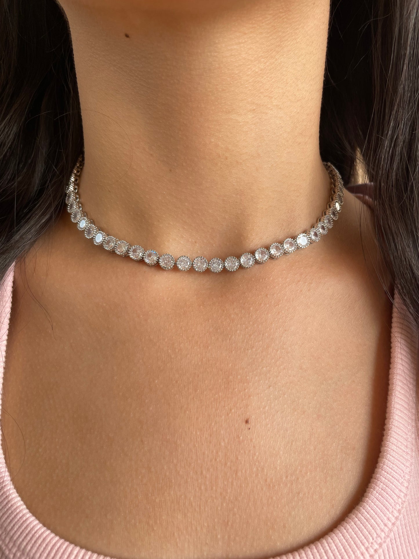 Round Diamonds Silver Tennis Necklace
